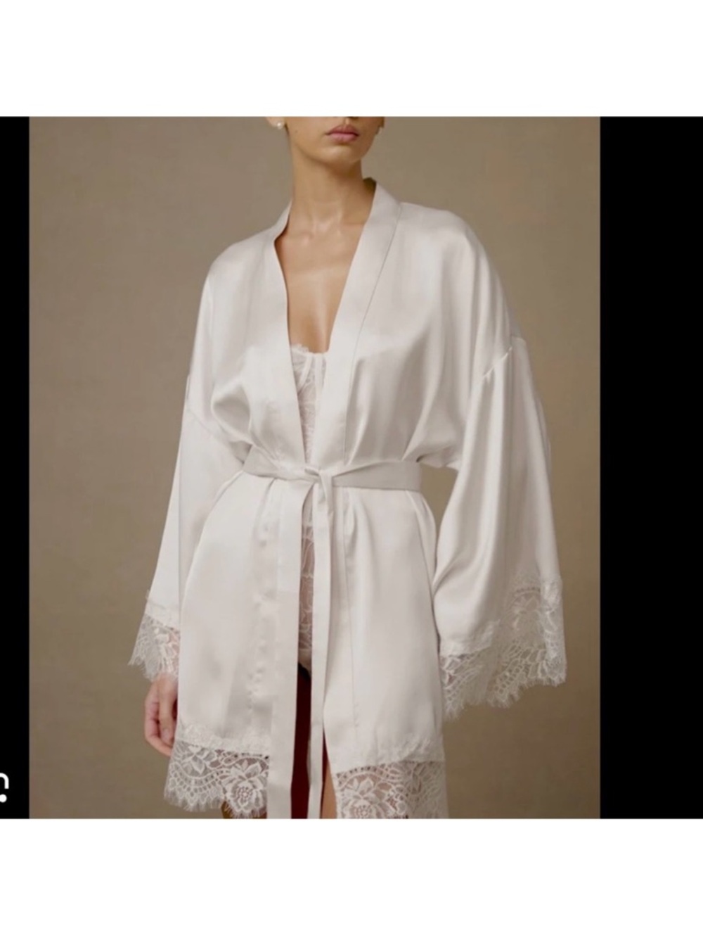 Meshki Satin Lace-Trim Robe in Ivory